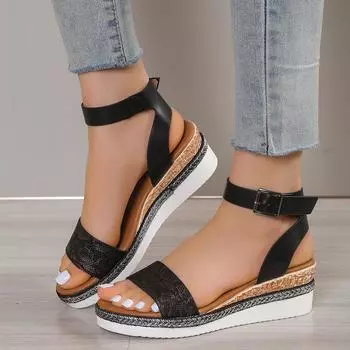 Wedge heel sandals women s 2025 new spring and summer European and American foreign trade large size one-word with high heel thick sole light san 36 чёрный