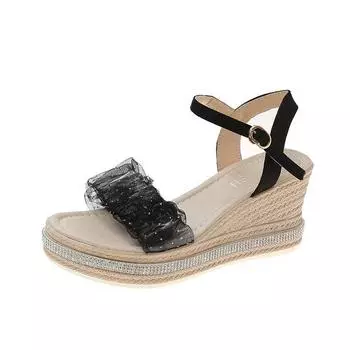 Wedge heel sandals women s 2025 summer new Korean version of high-heeled thick-soled rhinestone mesh yarn one-word buckle muffin women s shoes 35