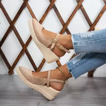 Wedge heel sandals women s spring and autumn new suede high heels pointed straps waterproof platform thick-soled straw women s shoes princess shoes 36