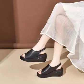 Wedge heel sandals women s summer new fish mouth rear empty platform sandals muffin and cowhide women s sandals 34