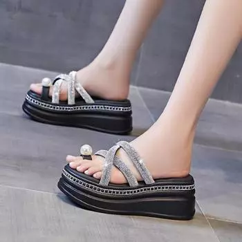 Wedge heel set toe rhinestone slippers women s summer European and American fashion thick bottom outer wear cool slippers small height increase women 35