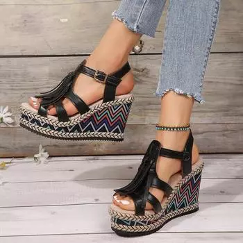 Туфли на танкетке 2024 года, новинка из Юго-Восточной Азии, универсальные, с бахромой, на высоком каблуке, на толстой подошве, водонепроницаемые, женские сандалии для стола 36 чёрный