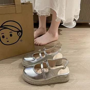 Wedge heel single shoes women s spring new fashion high heels shallow mouth pointed head thick sole waterproof empty women s shoes behind the table 35 серебряный