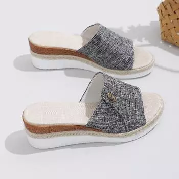 Wedge heel slippers women s 2025 spring and summer new thick-bottomed casual beach fish mouth cool slippers large size 36 синий