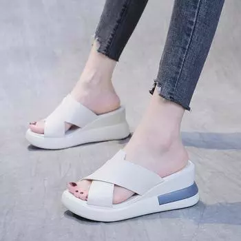 Wedge heel slippers women s 2025 summer Korean version cross fish mouth shoes muffin thick sole outer wear casual large size cool slippers 35 чёрный