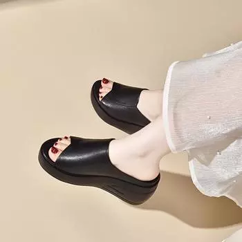Wedge heel slippers women s outer wear summer new fish mouth thick bottom one-word drag muffin and cowhide sandals 34