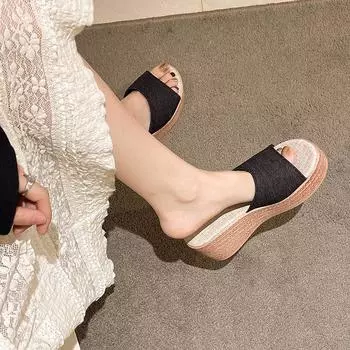 Wedge heel slippers women s simple solid color 7cm one-character sandals out of the street fashionable large size slippers heightening muffin slippers 35