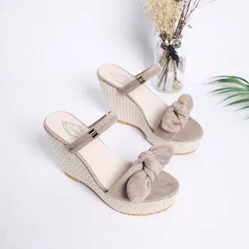 Wedge heel slippers women s summer new outer wear thick bottom two wear cool slippers fashion Korean version versatile high heel one-word slippers 35 жёлтый