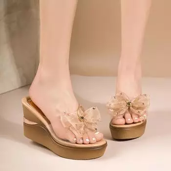 Wedge heel slippers women s summer wear versatile high heel rhinestone sequins thick bottom transparent sandals waterproof table one-word drag 35