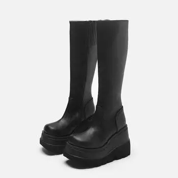Wedge heel small tube circumference gothic style thick-soled boots locomotive knight boots but knee big head thin high boots 35