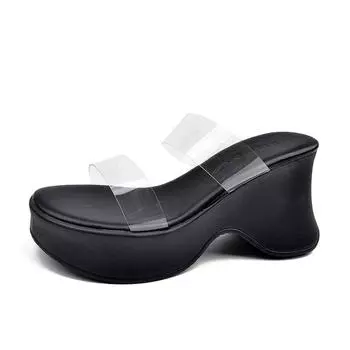 Wedge heel super high heel muffin thick bottom cool slippers women s summer wear 2025 new small waterproof table transparent slippers 34