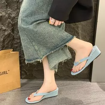 Wedge-heeled high-heeled flip-flops for women s outerwear 2025 summer toe sandals beach sandals tide 35 чёрный