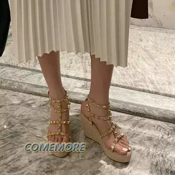 Wedge Heels Woman’s Luxury Designer Rivet Sandals Open Toe Ankle Buckle Strap Fashion Ladies Platform Casual Shoes Summer Roman 34 розовый