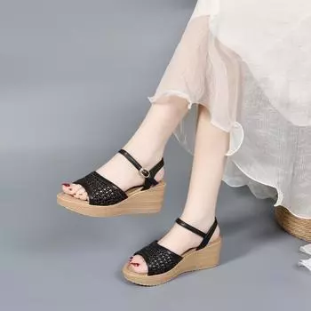 Wedge sandals women s summer new fish mouth woven platform sandals waterproof table muffin and women s Roman sandals 34