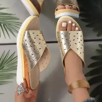 Тапочки на танкетке Женская обувь 2024 Летние босоножки с открытым носком Модные тапочки на платформе Повседневные шлепанцы Sandalias De Mujer Шлепанцы Женские 36 золотой