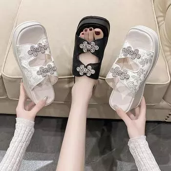Wedges Sandals Female National Style Embroidery 2024 Summer Fashion Versatile Platform Sandals Slippers Zapatos Mujer Slides 35 белый