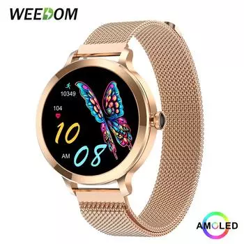 MEVADEN AMOLED экран Bluetooth вызов умные часы женские спортивные фитнес-трекер погода IP68 водонепроницаемые женские умные часы золотой/ярко-розовый