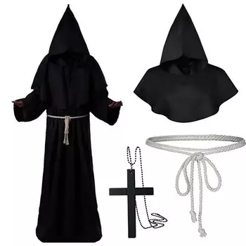 [Weekcos] Комплект из 4 предметов на Хэллоуин, костюм монаха-пастора, маскировка священника, монаха для взрослых, средневековый стиль, мантия, плащ, шляпа, крест, ожерелье, шпагат, мрачный жнец