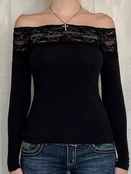 Weekeep кружевная лоскутная футболка с разрезом вырезом, элегантные сексуальные узкие футболки с длинными рукавами для женщин, Harajuku Y2k, эстетические женские рубашки S чёрный