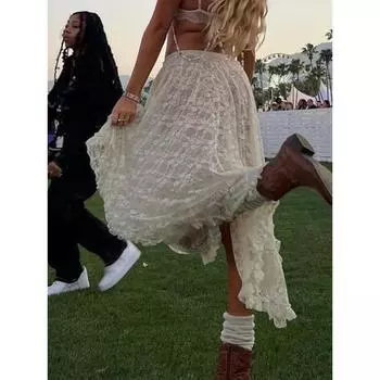 Weekeep, пикантные прозрачные длинные юбки неправильной формы, винтажные лоскутные свободные кружевные юбки трапециевидной формы с оборками, женская юбка-миди Y2k, летние каникулы S бежевый