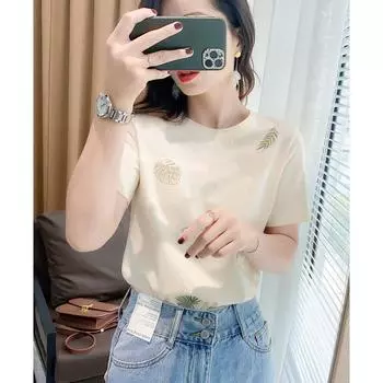 Weipinhui Sale Clearance Export Counter Export 100 Pure Cotton Short Sleeve T-shirt Top Women s Weight Artworks Embroidery Shirt Meters apricot XL