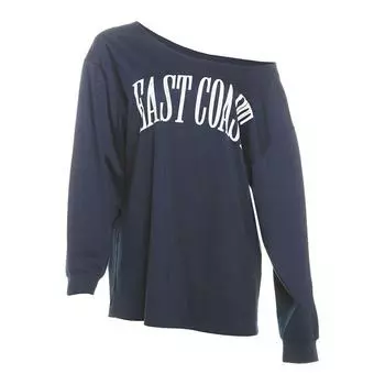 Weird Puss Casual Idle Style Letters Print Diagonal Collar Stylish Retro Easy Matching Loose off-Shoulder T-shirt for Women Blue L