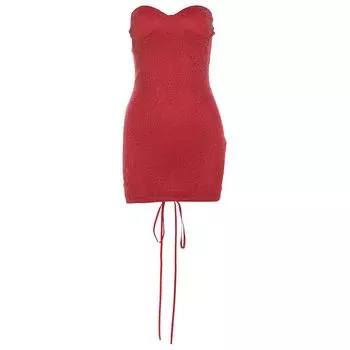 Weird Puss Fashion Sexy Style Red Thin and Glittering Tube Top Dress Women s Sexy Silm Waist Hip Skirt Red L