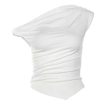 Weird Puss French Style Fancy Pure Desire Asymmetrical Ruched off-Shoulder Multiple Wear Slim Looking T-shirt Easiest for Match Tops White L