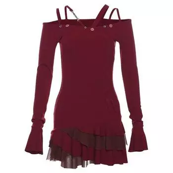 Weird Puss French Style Young Adult Lady like Woman Style Red Temperament Youthful-Looking Halterneck off-the-Shoulder Dress Sexy Skirt Red M