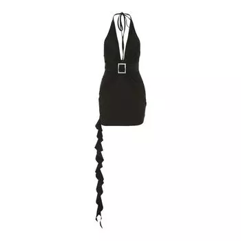 Weird Puss Hong Kong Style Retro Noble Cool Beautiful Elegant Street Shot Deep V Neck Sexy Cutout Backless Halter Dress Women Black L