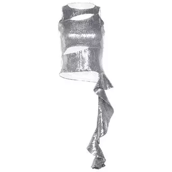 Weird Puss Nightclub Queen Style Scheming Cut Out Sexy Wooden Ear Tight Sleeveless Vest Tops Women Silver S
