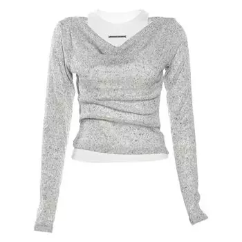 Weird Puss Slim Fit Inner Wear Ruched Long Sleeve Vest Grey (Two-piece set) M
