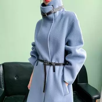 Weishang осень и зима новая одежда шерстяное двухстороннее шерстяное кашемировое пальто однотонное корейская версия со шнуровкой и воротником-стойкой длинное пальто для женщин XS