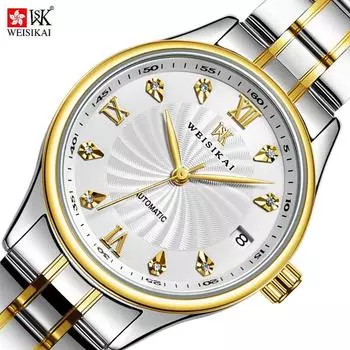WEISIKAI 146A Женские часы Новые роскошные женские часы высшего бренда с коробкой Водонепроницаемые светящиеся календари Автоматические женские механические часы золотой/чёрный