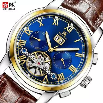 WEISIKAI 6009 Мужские часы Новые роскошные мужские часы высшего бренда с коробкой Кожаный ремень Водонепроницаемые светящиеся календари Автоматические мужские механические часы чёрный/золотой