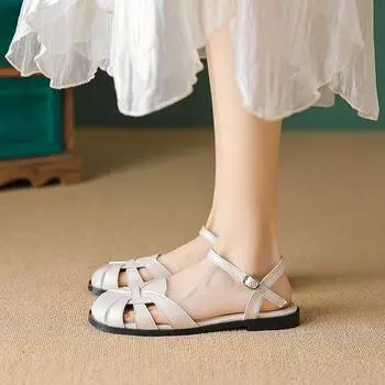 Weiwei girl 003 Roman sandals women s summer wear French word with flat bottom bag head woven pig cage shoes women 35 абрикосовый