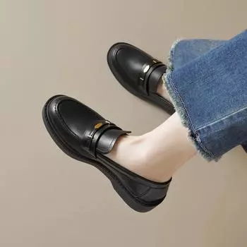 Weiwei Girl 1083-2 Черные маленькие кожаные туфли женские ретро-стиль колледжа мокасины на платформе с одной педалью одинарные туфли женские 35