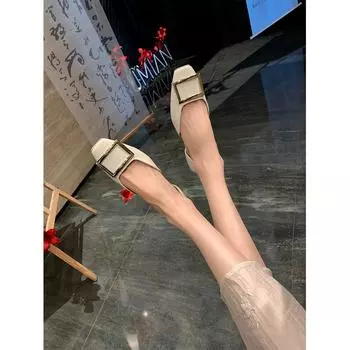 Weiwei Girl 1228-1 Square Head Single Shoes Women s Flat Bottom Summer Shallow Mouth Hollow One Pedal Fairy Wind Grandma Shoes 35