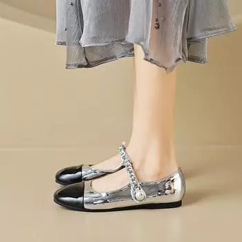 Weiwei Girl 128-1 Round Head Mary Jane Shoes Women s French One-word Belt Chain Pearl Small Fragrant Flat Shoes 34 серебряный