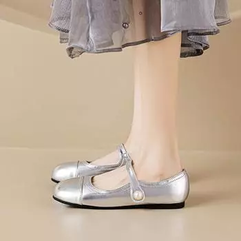 Weiwei Girl 128-3 French Mary Jane Shoes Women s Flat Silver One Word with Light Mouth Pearl Soft Sole Single Shoes Women 34 серебряный