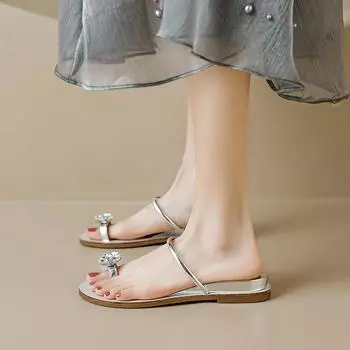 Weiwei girl 1998-9 тапочки женская летняя одежда сандалии со стразами пляжный отдых голубиное яйцо плоские сандалии 34 серебряный