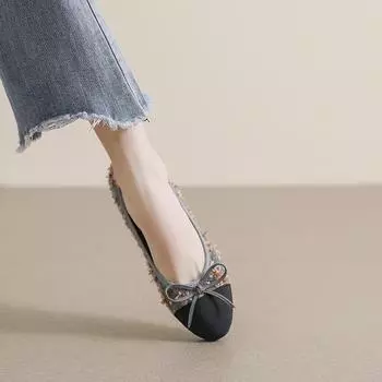 Weiwei girl 2025-1 round head small fragrant single shoes women s flat bottom shallow mouth French versatile bow beanie shoes 34 чёрный