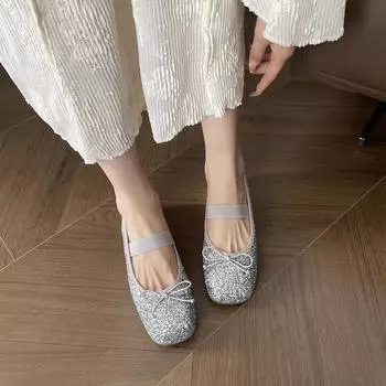 Weiwei Girl 222-32 Французские туфли на плоской подошве Женские балетки со стразами и бантом Светлый рот Фея Туфли Мэри Джейн 35 золотой