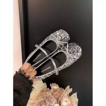 Weiwei Girl 222-5 French Sequined Single Shoes Women s Flat Bottom One Word with Bow Light Mouth Silver Mary Jane Shoes 35 чёрный