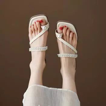 Weiwei girl 288-5 French cool slippers women s summer wear pearl toe beach slippers low heel Roman women s shoes 35 чёрный