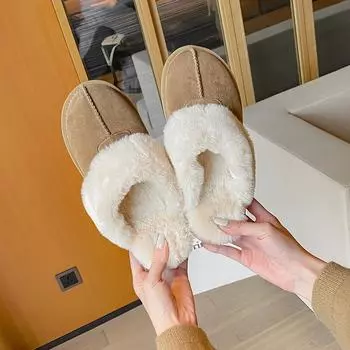 Weiwei girl 2913-1 плюшевые пушистые тапочки на толстой подошве женские кожаные зимние сапоги одна педаль снаружи хлопковая обувь женская 35 песочный