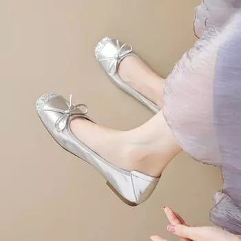 Weiwei Girl 336-1 French Single Shoes Women s Flat Bottom Bow Grandma Shoes Soft Sole Light Mouth Silver Mary Jane Shoes 35 серебряный