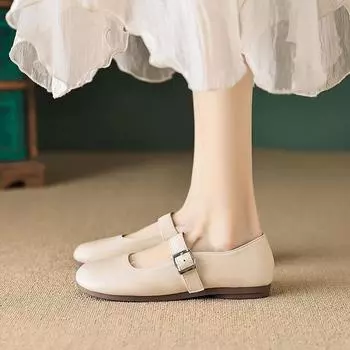 Weiwei Girl 520-1 French Mary Jane Shoes Fairy Fairy Wind One-word Buckle Shallow Mouth Flat Sole Single Shoes Large Size Women s Shoes 35 абрикосовый