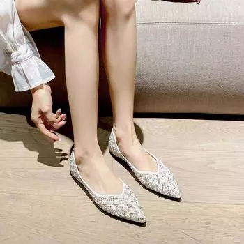 Weiwei Girl 5933-10 Pointed Single Shoes Women s Flat Bottom Shallow Mouth One Pedal Doudou Shoes Soft Bottom Rhinestone Pad Shoes Women 35