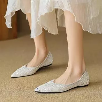 Weiwei girl 5933-12 остроносые одинарные туфли женские на плоской подошве с одной педалью со стразами шапочки туфли в стиле феи 35